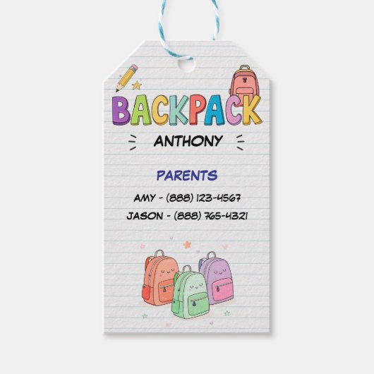 Rugzak Zegen met Ouderinformatie Cadeaulabel (Voorkant)