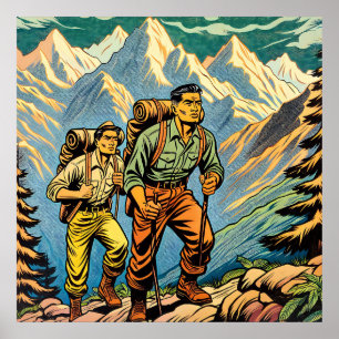 Rugzakmannen die over een bergpad wandelen poster