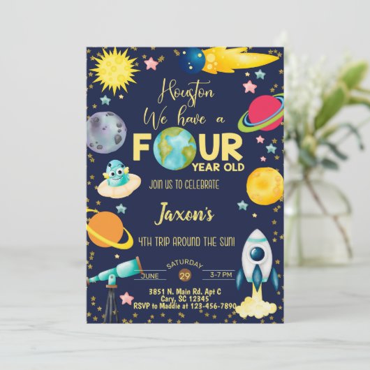 Ruimtactisch jongetje 4e verjaardag uitnodiging. kaart (Staand voorkant)
