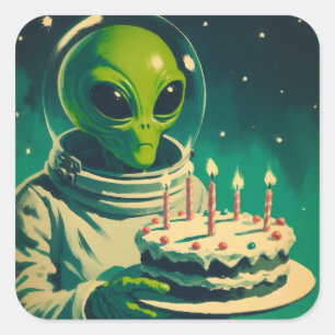 Ruimte Alien met Verjaardagstaart UFO Flying Sauce Vierkante Sticker