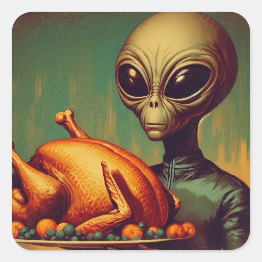 Ruimte Buitenaards met Thanksgiving Turkije Retro Vierkante Sticker (Voorkant)