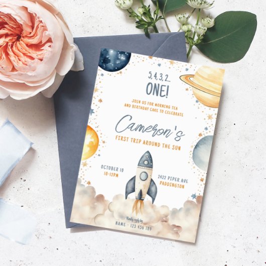 Ruimte eerste reis rond de zon verjaardagsfeestje kaart