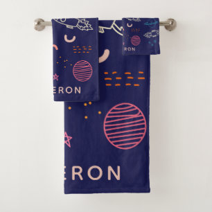 Ruimte en planeten Stoodle in Blauw Gepersonalisee Bad Handdoek