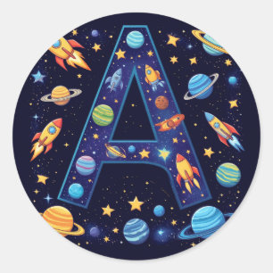 🚀 Ruimte Letter A Raketten Planeten Sterren Kinde Ronde Sticker