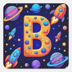 🚀 Ruimte Letter B Raketten Planeten Sterren Kinde Vierkante Sticker