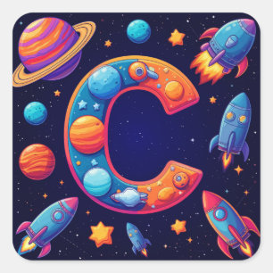 🚀 Ruimte Letter C Raketten Planeten Sterren Kinde Vierkante Sticker