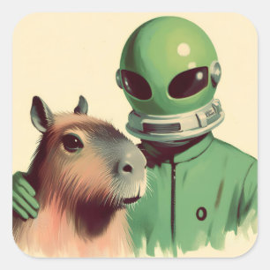 Ruimte Man en Capybara Retro Illustratie Vintage Vierkante Sticker