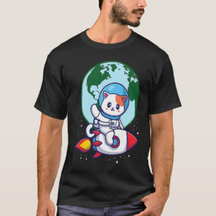 Ruimte Schattige Kat Buitenruimte Raket Aarde T-shirt