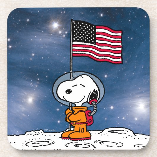 RUIMTE | Snoopy met vlagastronaut Bier Onderzetter (Voorkant)