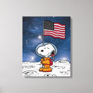 RUIMTE   Snoopy met vlagastronaut Canvas Afdruk