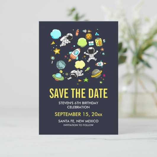 Ruimteastronauten & raketten bewaren de datum save the date (Staand voorkant)