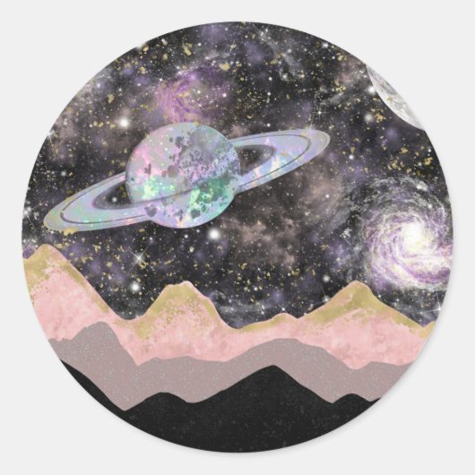Ruimtegebergte Gold Starry Sky Galaxy Planets Ronde Sticker (Voorkant)