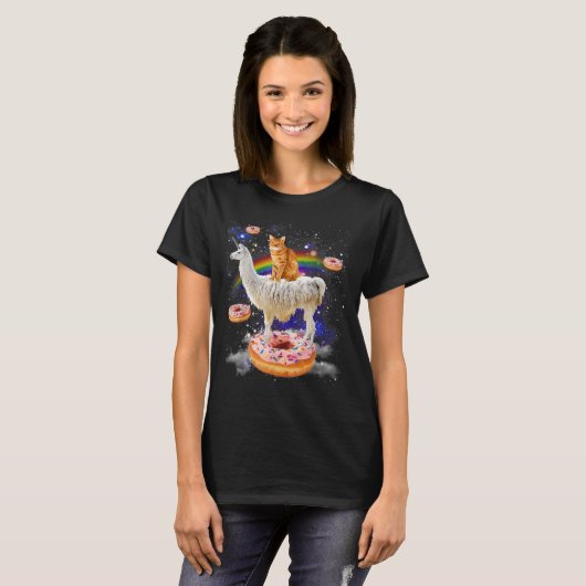 Ruimtekattenrijdende lama en donuts galaxy grappig t-shirt (Voorkant volledig)