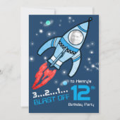 Ruimtemaker kinderen 12e verjaardag blauwe uitnodi kaart (Voorkant)