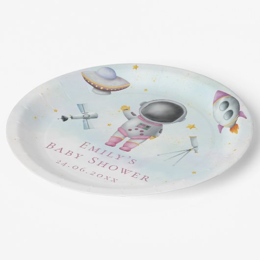 Ruimtemeisje Astronaut-raketten met sterren Baby s Papieren Bordje (Gekanteld)