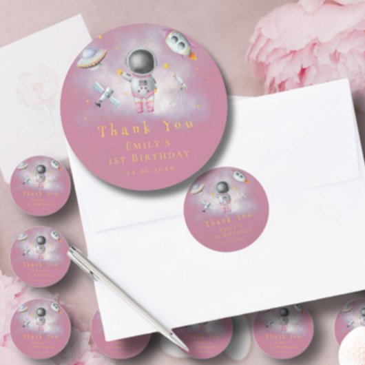 Ruimtemeisje Astronaut roze raketster 1e verjaarda Ronde Sticker