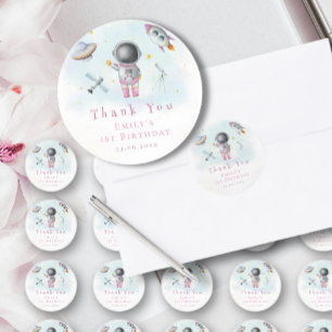 Ruimtemeisje Astronaut roze raketten sterren Birth Ronde Sticker