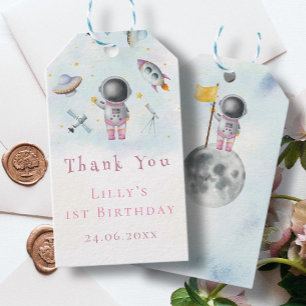 Ruimtemeisje Astronaut roze raketten sterrenschip Cadeaulabel