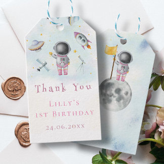 Ruimtemeisje Astronaut roze raketten sterrenschip Cadeaulabel