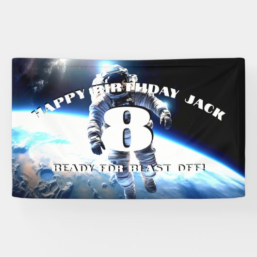 Ruimtepak astronaut verjaardag blast off custom spandoek (Horizontaal)