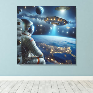 Ruimteschepen en een astronaut in de ruimte canvas afdruk