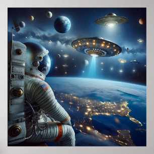 Ruimteschepen en een astronaut in de ruimte poster