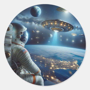 Ruimteschepen en een astronaut in de ruimte ronde sticker
