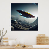 Ruimteschip over een Futuristic City Poster (Keuken)