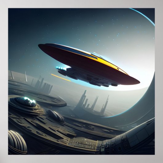 Ruimteschip over een Futuristic City Poster (Voorkant)