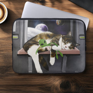 Ruimteschip Tabby Kat Groene Alien Knuffel Sci-Fi Laptop Sleeve