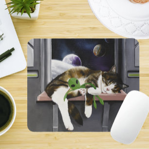 Ruimteschip Tabby Kat Groene Alien Knuffel Sci-Fi Muismat