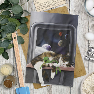 Ruimteschip Tabby Kat Groene Alien Knuffel Sci-Fi Theedoek
