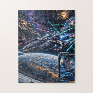 Ruimteschipgevecht boven een planeet met ringen legpuzzel