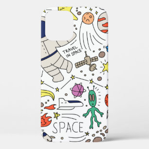 Ruimtethema in illustratie doedelstijl iPhone 12 hoesje