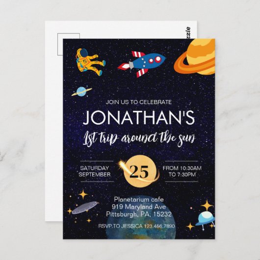 Ruimtevaarder 1e verjaardagsfeestje in de ruimte briefkaart (Voorkant / Achterkant)