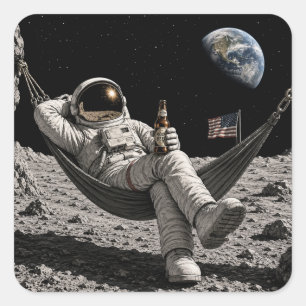 Ruimtevaarder die ontspant met bier op de maan vierkante sticker