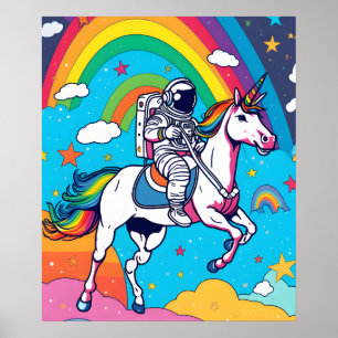Ruimtevaarder rijdend op een eenhoorn op de wolk i poster