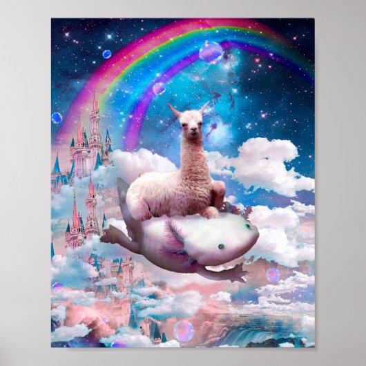 Ruimtevaart Llama Riding Axolotl - Regenboog Poster (Voorkant)
