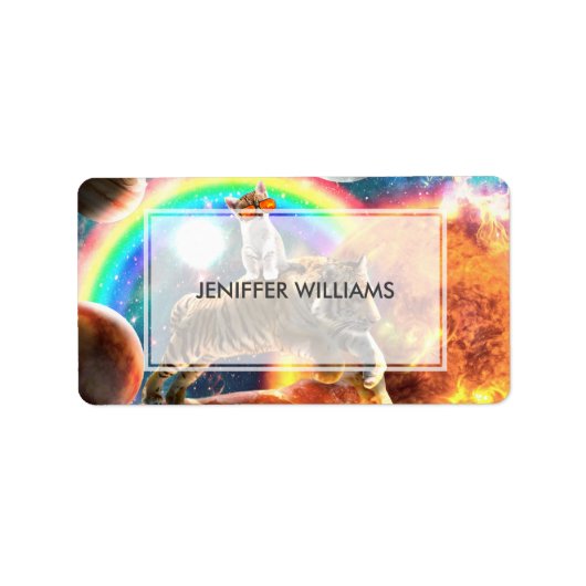 Ruimtevaartgalaxy Cat Riding Tiger op Pizza Etiket (Voorkant)