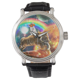 Ruimtevaartgalaxy Cat Riding Tiger op Pizza Horloge
