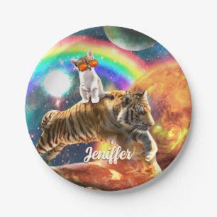 Ruimtevaartgalaxy Cat Riding Tiger op Pizza Papieren Bordje