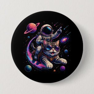 Ruimtevaartkat die door de ruimte rijdt ronde button 7,6 cm