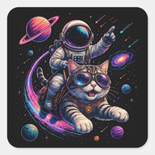 Ruimtevaartkat die door de ruimte rijdt vierkante sticker