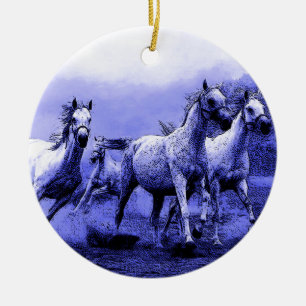Ruitende paarden en blauw motorlicht keramisch ornament
