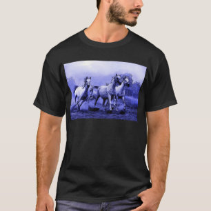 Ruitende paarden en blauw motorlicht t-shirt