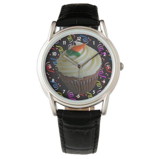 Ruitenstaart Cupcake & Confetti Black Leather Watc Horloge (Voorkant)