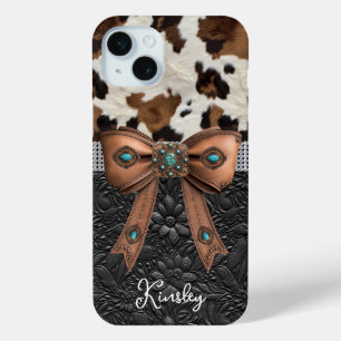 Rundleren zwart leer juwelen boog iPhone 15 mini hoesje