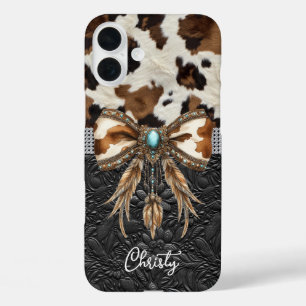 Rundleren Zwart Leren Juweel Boog iPhone 16 Plus Hoesje