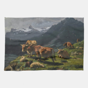 Rundvee en schapen in een Alpenlandschap Theedoek