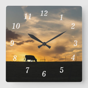 Rundvee Zonsondergang Silhouet Wandklok Vierkante Klok
